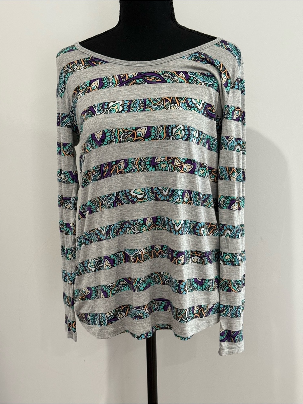 LuLaRoe S Striped Gray Long-Sleeve Top with Teal & Purple Paisley Accent 064